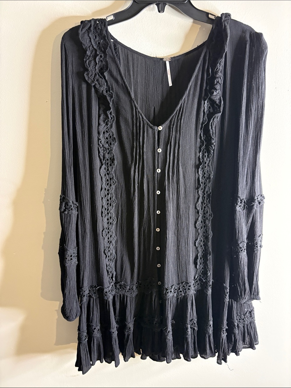 Free People Black Lace-Trim Button-Front Tunic Dress